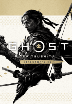 Ghost of Tsushima Director's Cut cover featuring Jin Sakai, a samurai warrior in battle attire, holding a bow and katana.