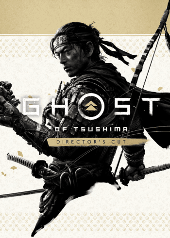 Ghost of Tsushima Director's Cut cover featuring Jin Sakai, a samurai warrior in battle attire, holding a bow and katana.