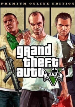 Grand Theft Auto V Premium Online Edition cover featuring Franklin, Trevor, and Michael with weapons.