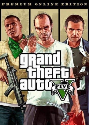 Grand Theft Auto V Premium Online Edition cover featuring Franklin, Trevor, and Michael with weapons.