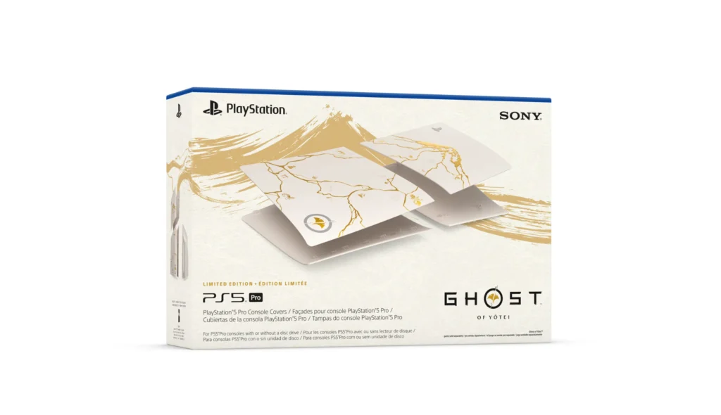 Packaging box for the PlayStation 5 Pro Ghost of Yōtei Gold Limited Edition console covers, featuring a white and gold kintsugi-inspired design with brushstroke patterns and Ghost of Yōtei logo.