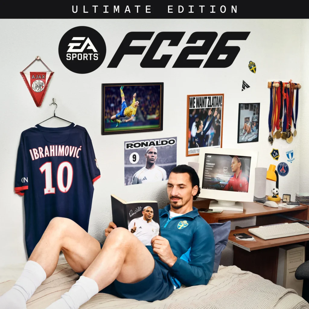 Zlatan Ibrahimović in a bedroom holding a book, with "FC26 Ultimate Edition" logo.