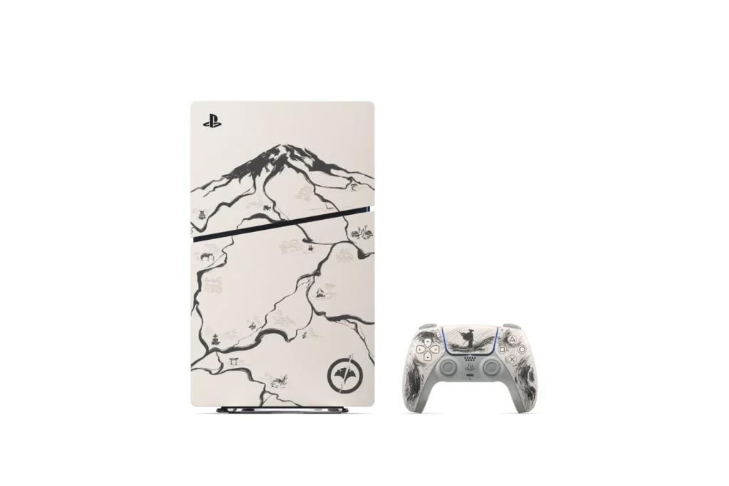 PlayStation 5 Ghost of Yōtei Black Limited Edition console and DualSense controller, showcasing sumi-e style black ink artwork of Mount Yōtei and a silhouette of Atsu.