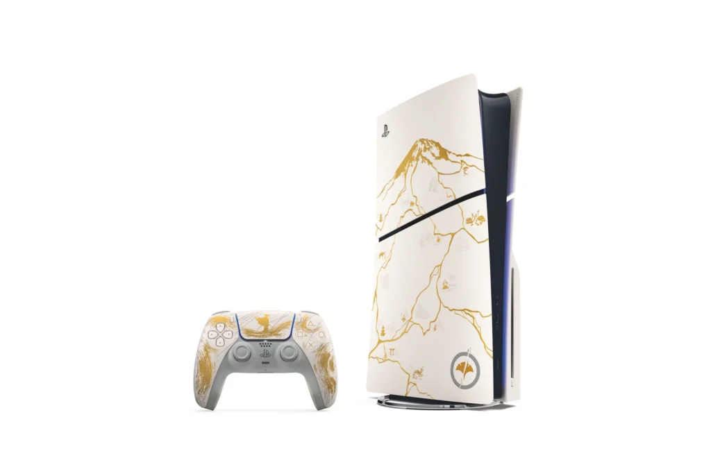 PlayStation 5 Ghost of Yōtei Gold Limited Edition console and DualSense controller, with a white and gold kintsugi-inspired design depicting Mount Yōtei and Atsu’s silhouette.