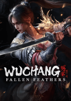 Cover art of Wuchang: Fallen Feathers, featuring a determined female warrior in ornate armor brandishing a sword.