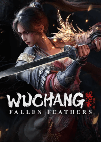 Cover art of Wuchang: Fallen Feathers, featuring a determined female warrior in ornate armor brandishing a sword.