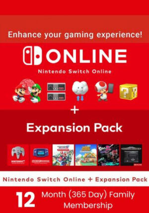 Official graphic for Nintendo Switch Online + Expansion Pack, highlighting benefits like online play, cloud saves, N64 games, and DLC for Mario Kart 8 and Animal Crossing.