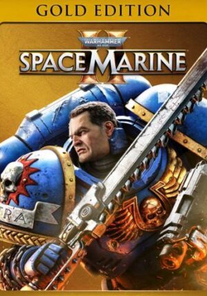 Warhammer 40,000: Space Marine 2 Gold Edition game cover art showing Lieutenant Titus in blue Ultramarine power armor, holding a Chainsword against a golden background.