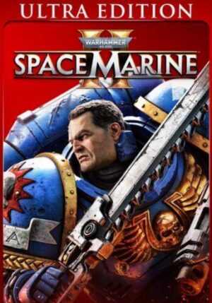 Warhammer 40,000: Space Marine 2 Ultra Edition game cover art with a red background, featuring Lieutenant Titus and his Chainsword.